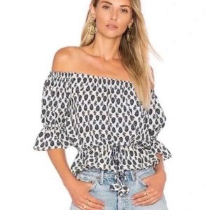Misa Los Angeles Danya Off The Shoulder Ruffle Floral Blouse in Blue/White Large